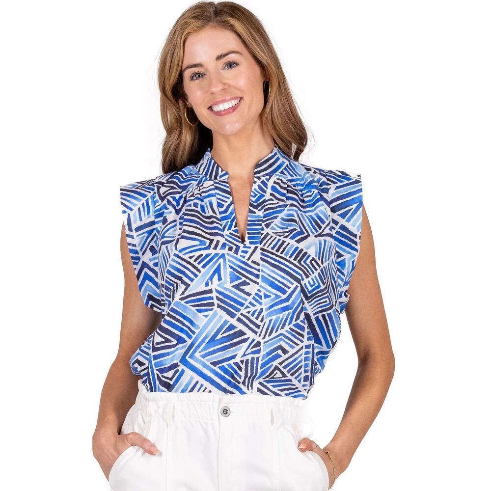 Willa Story Annie Sleeveless Top in Blue Ikat Print WS6094-7 NEW NWT XS